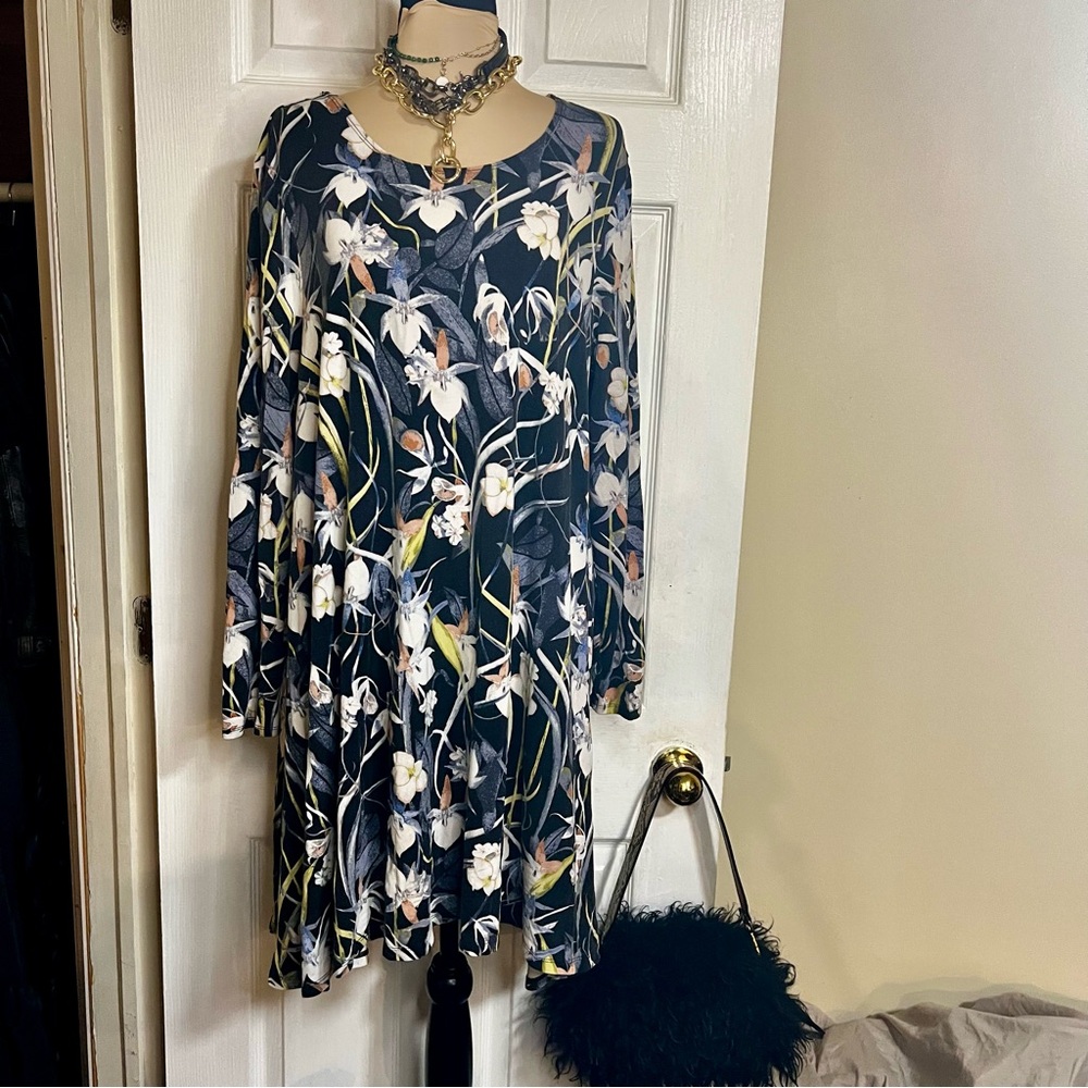 Floral Drape Rayon Long Sleeve‎ Stretch Mini 90s Style Grunge Babydoll Dress XL - Picture 3 of 14